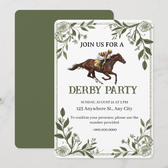 Invitation moderne de Derby équestre floral (Devant / Derrière)