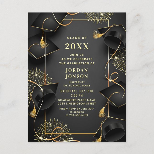 Invitation moderne de fête de fin d'études en noir (Devant)
