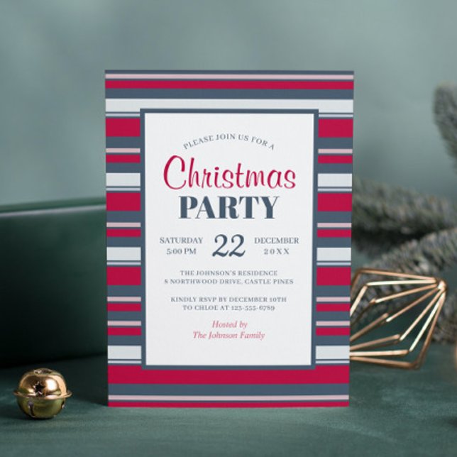 Invitation moderne de fête de Noël à rayures rouge (Créateur téléchargé)