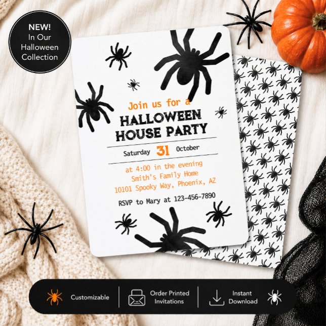 Invitation moderne de fête d'Halloween à thème ara (Modern spider Halloween invitation with printed and instant download options for spooky celebrations)