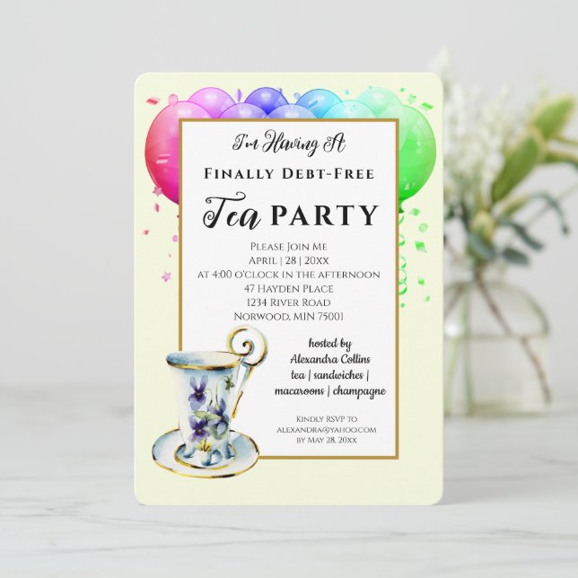 Invitation moderne de fête du thé sans dettes (Debout devant)