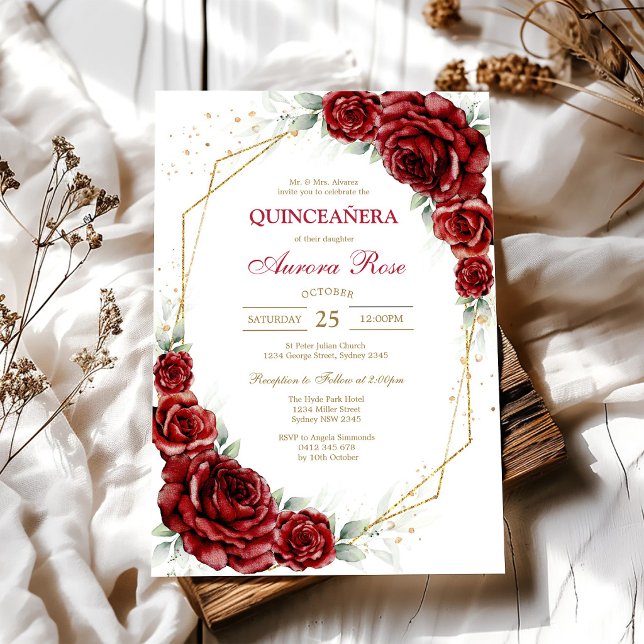 Invitation moderne de Quinceanera florale à la ros (Créateur téléchargé)