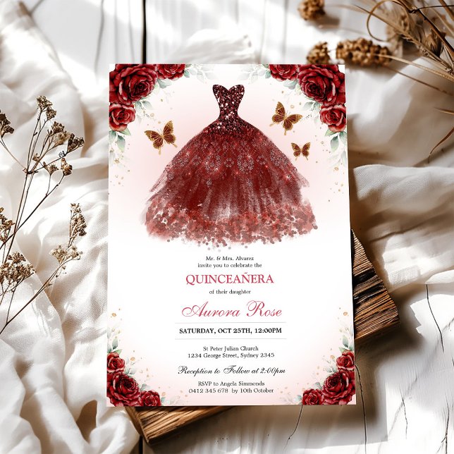 Invitation moderne de Quinceanera florale à la ros (Créateur téléchargé)