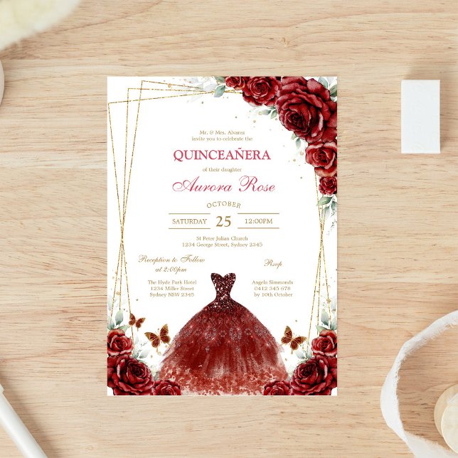 Invitation moderne de Quinceanera florale à la ros (Créateur téléchargé)