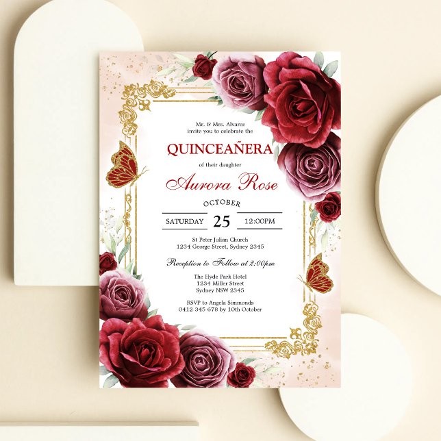 Invitation moderne de Quinceanera florale à la ros (Créateur téléchargé)