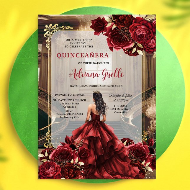 Invitation moderne de Quinceanera florale à la ros (Créateur téléchargé)