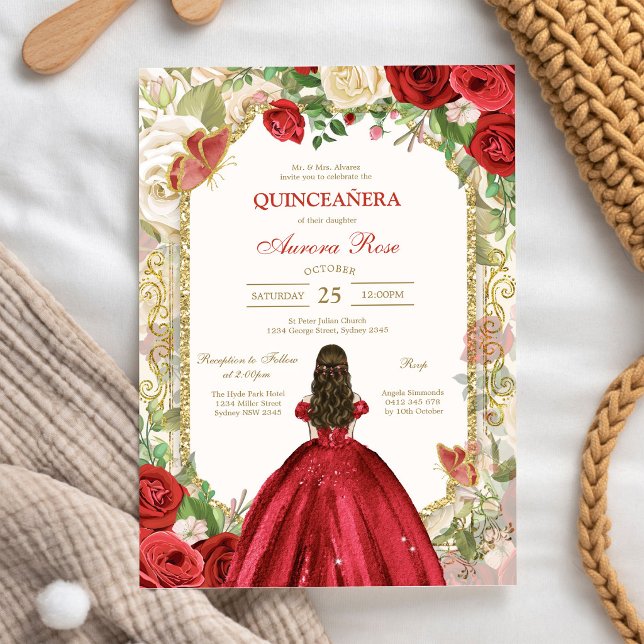 Invitation moderne de Quinceanera florale à la ros (Créateur téléchargé)