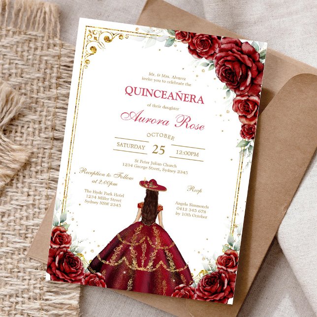 Invitation moderne de Quinceanera florale à la ros (Créateur téléchargé)