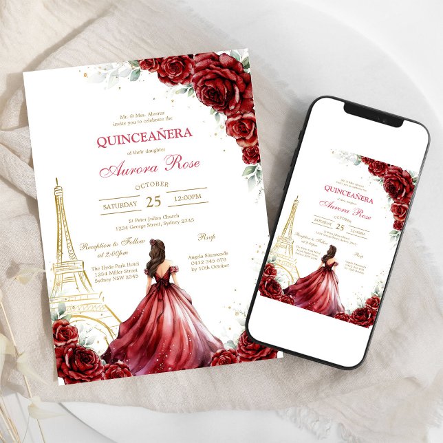 Invitation moderne de Quinceanera florale à la ros (Créateur téléchargé)