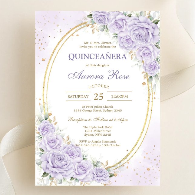 Invitation moderne de Quinceanera florale lilas (Créateur téléchargé)