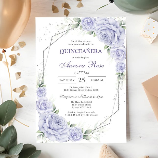 Invitation moderne de Quinceanera florale lilas (Créateur téléchargé)
