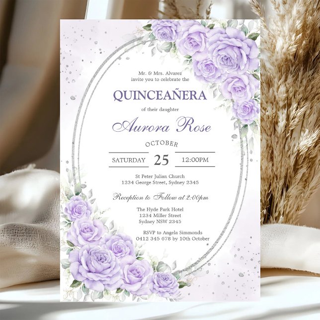 Invitation moderne de Quinceanera florale lilas (Créateur téléchargé)