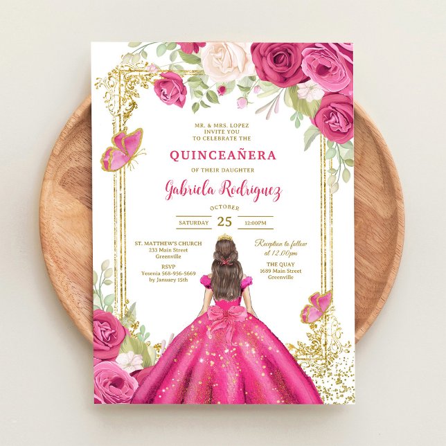 Invitation moderne de Quinceanera florale rose (Créateur téléchargé)