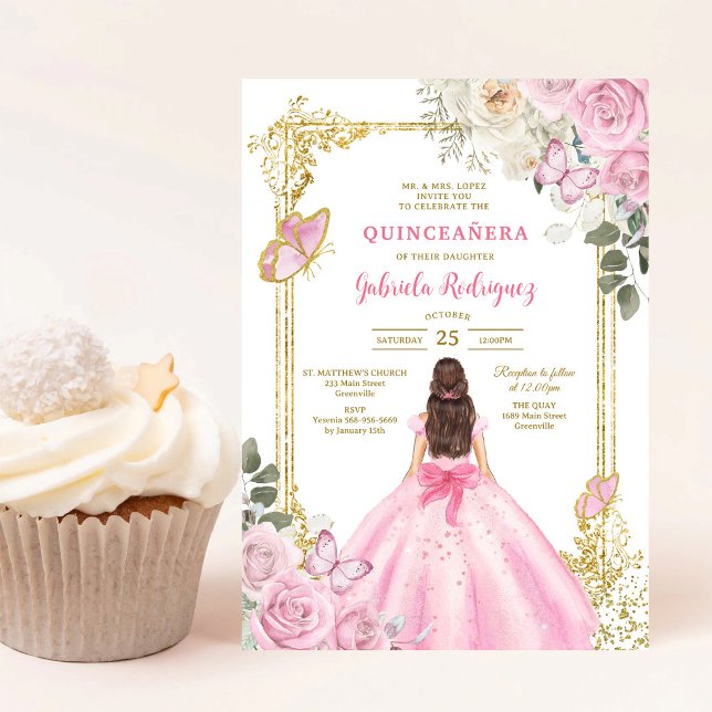 Invitation moderne de Quinceanera florale rose (Créateur téléchargé)