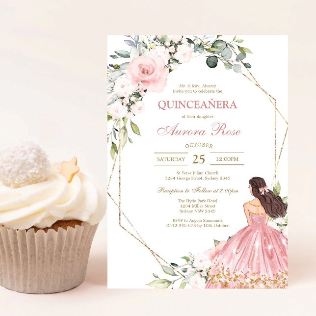 Invitation moderne de Quinceanera florale rose (Créateur téléchargé)