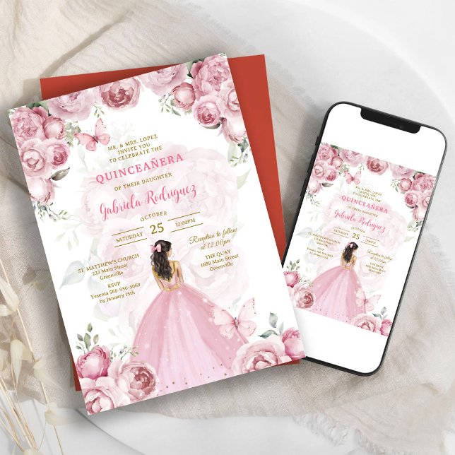 Invitation moderne de Quinceanera florale rose (Créateur téléchargé)