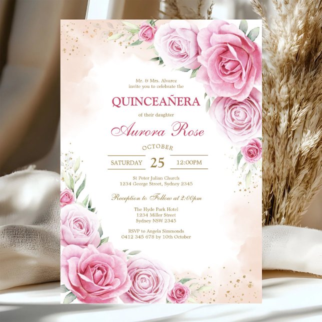 Invitation moderne de Quinceanera florale rose (Créateur téléchargé)