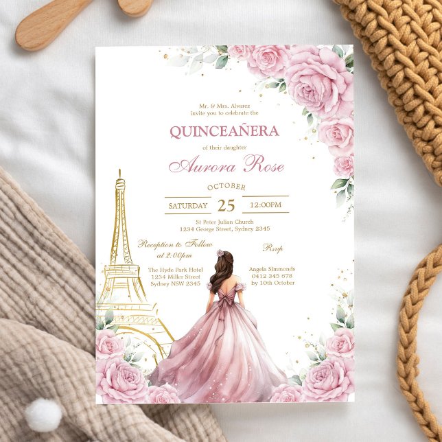Invitation moderne de Quinceanera florale rose (Créateur téléchargé)