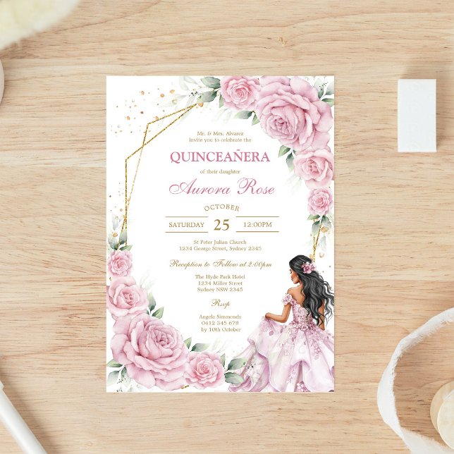 Invitation moderne de Quinceanera florale rose (Créateur téléchargé)