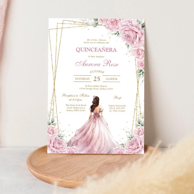 Invitation moderne de Quinceanera florale rose (Créateur téléchargé)