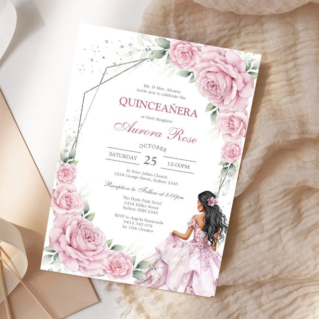 Invitation moderne de Quinceanera florale rose (Créateur téléchargé)
