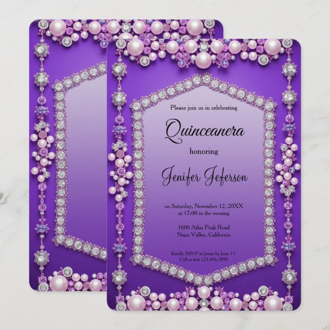 Invitation moderne de Quinceanera perles de bijou (Devant / Derrière)