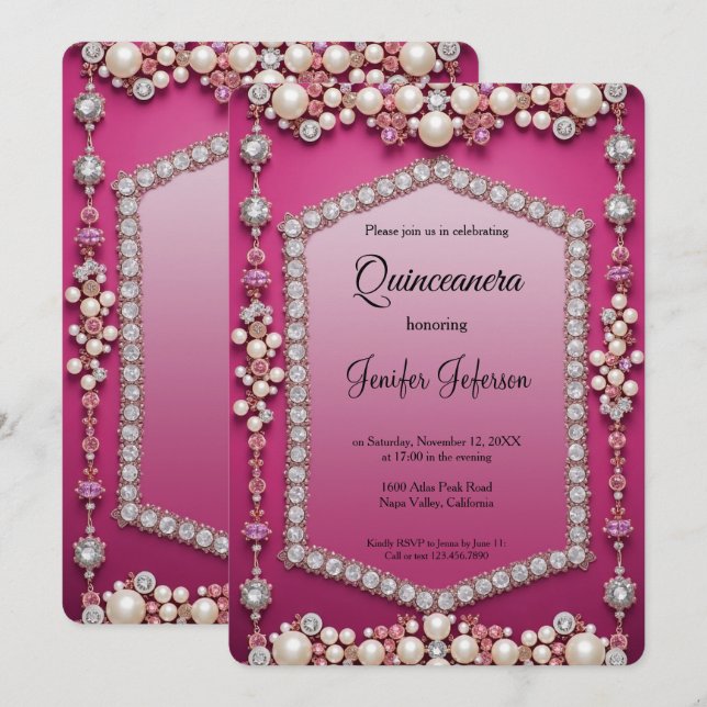 Invitation moderne de Quinceanera perles de bijou (Devant / Derrière)