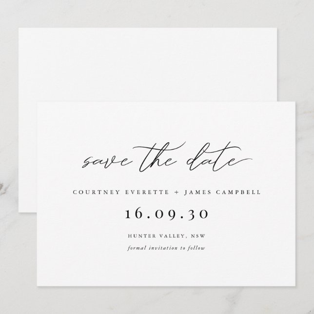 Invitation moderne de sauvegarde de date en noir e (Devant / Derrière)