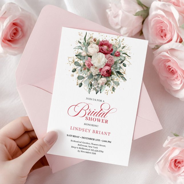 Invitation Moderne Déclaration de Mariage Bohème Rouge Fard V (Modern Boho Red Blush Greenery Bridal Shower Invite

)