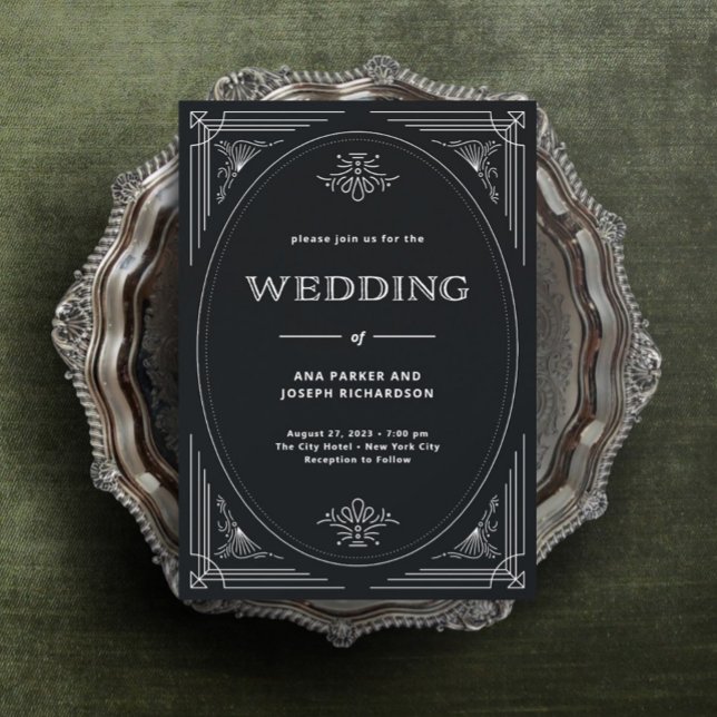 Invitation Moderne Déco | Élégant Mariage Noir et Blanc Onyx (An elegant and dark art deco wedding invitation, perfect if black is one of your wedding colors.)