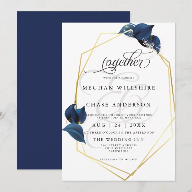 Invitation Moderne Deep Indigo Blue et GoldBarefootBride™ (Devant / Derrière)