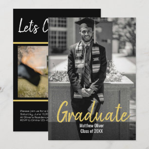 Invitation Moderne Deux Photo noir & or Graduation