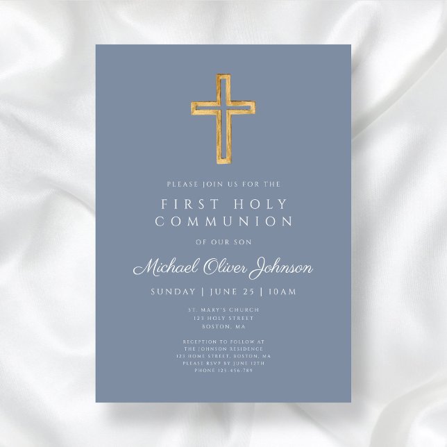 Invitation Moderne Dusty Bleu Religieux Garçon Première Commu (Modern Dusty Blue Religious Boy First Communion Invitation)