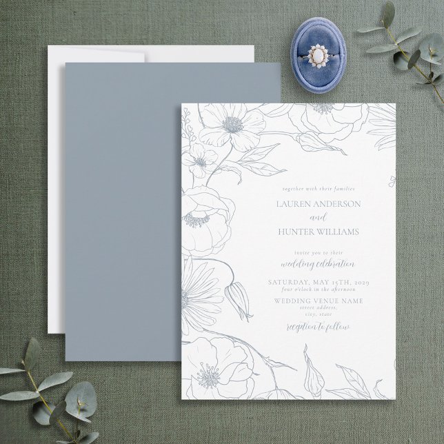 Invitation Moderne Dusty Blue Line Art Floral Mariage (Créateur téléchargé)