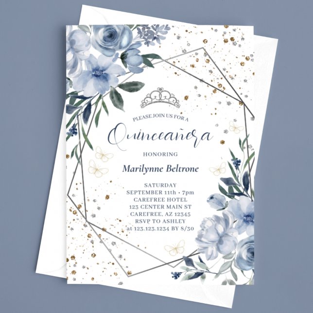 Invitation Moderne Dusty Blue Silver Quinceañera (Créateur téléchargé)