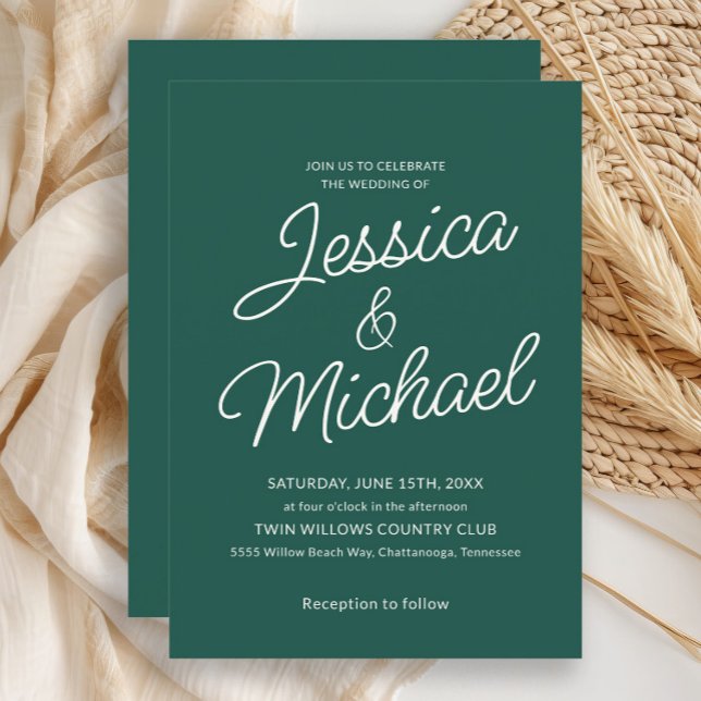 Invitation Moderne Écriture d'Ivoire de Vert Émeraude pour Ma (Emerald green wedding invitation)
