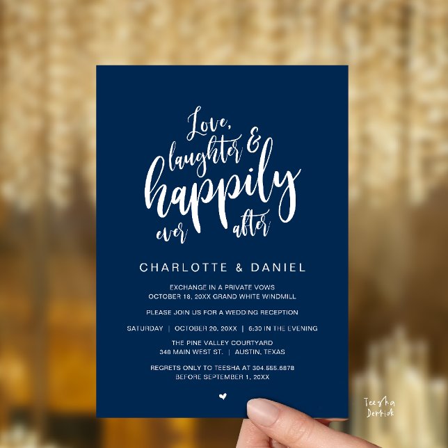 Invitation Moderne Écriture Rustique Mariage À Tout Jamais (Modern Rustic Script Love Laughter and Happily Ever After Wedding Invitation Card in Navy Blue)