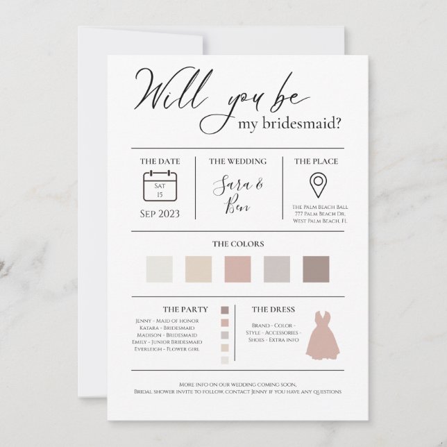 Invitation Moderne Editable couleur Bridesmaid Proposition d' (Devant)