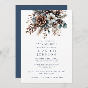 Invitation Moderne Elégant Baby shower Floral Hiver Pinecone