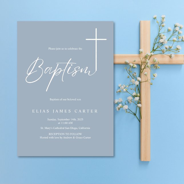 Invitation Moderne Élégant Baptême de Petit Garçon Bleu Pouss (Créateur téléchargé)