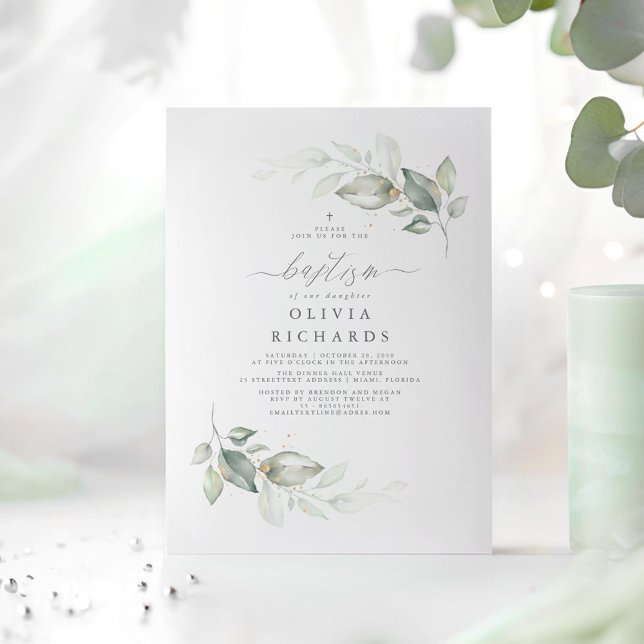 Invitation Moderne Élégant Baptême De Verdure (Minimalist Greenery Elegant Baptism Invitations)