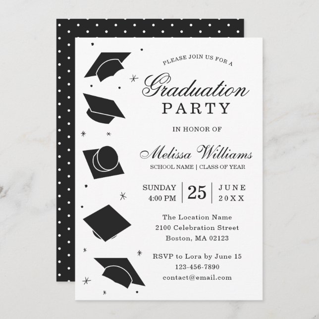 Invitation Moderne Elegant Black and White Graduation Party (Devant / Derrière)
