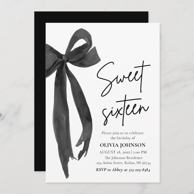 Invitation Moderne Elegant Black Bow Sweet 16 Anniversaire (Devant / Derrière)