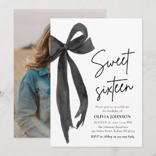 Invitation Moderne Elegant Black Bow Sweet 16 Anniversaire
