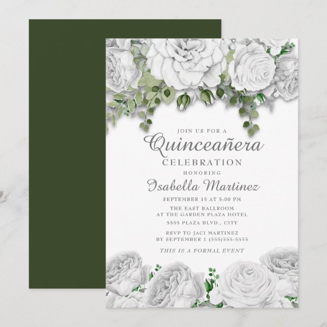 Invitation Moderne Elégant blanc floral vert Quinceañera (Devant / Derrière)