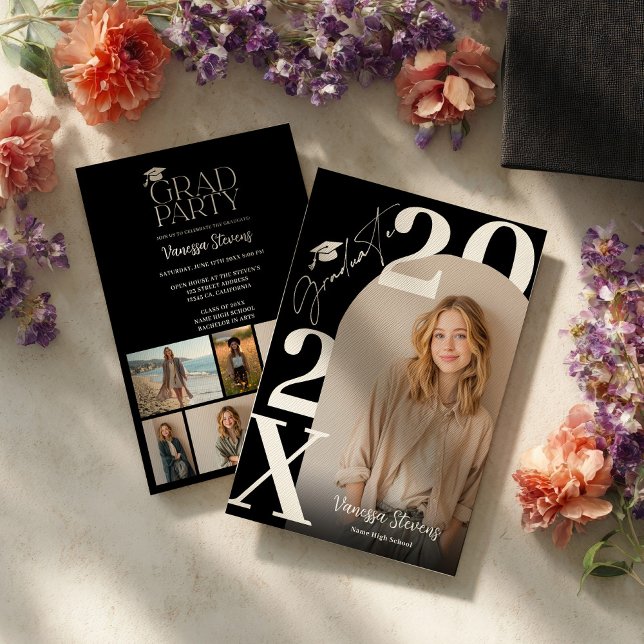 Invitation Moderne Élégant Blanc Noir Tendance 6 photos remis (Modern Bold White Black Trendy 6 photos graduation Invitation)