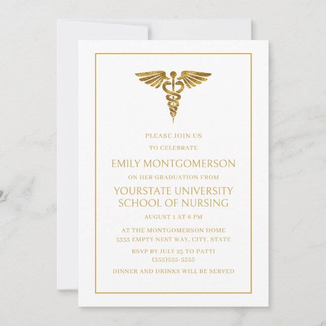Invitation Moderne Élégant Blanc Or École d'Infirmières Diplô (Devant)