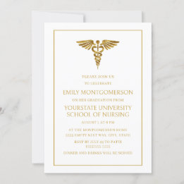Invitation Moderne Élégant Blanc Or École d'Infirmières Diplô