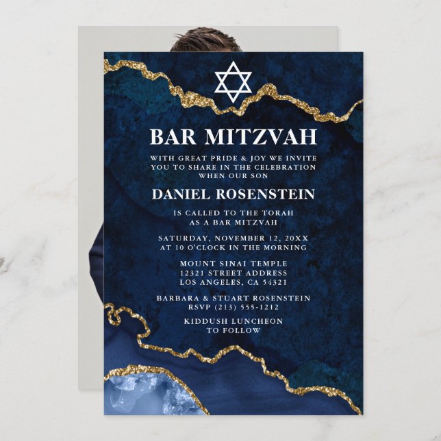 Invitation Moderne Elegant Bleu Marbre Or Bar Mitzvah Photo (Devant / Derrière)