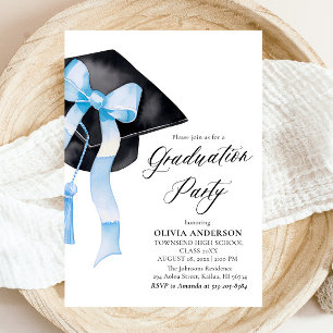 Invitation Moderne Elegant Blue Bow Graduation Cap Graduation